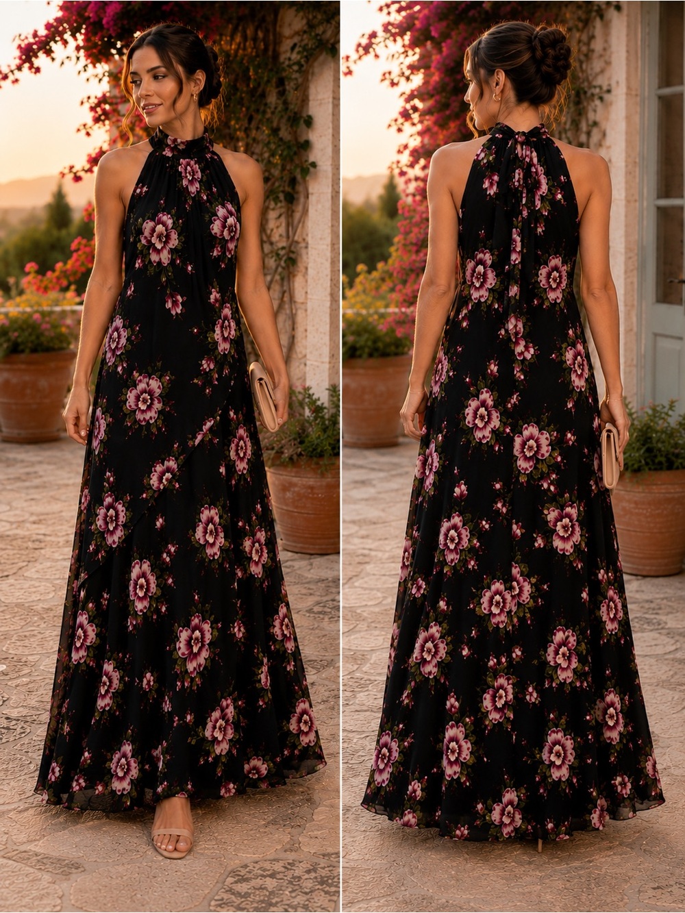 Rachel Zoe Black Maxi Dress with Pink Floral Print